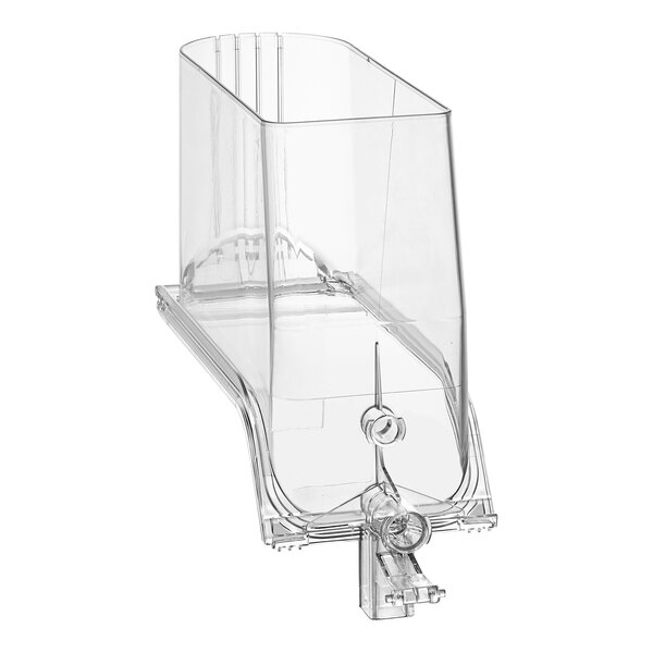 A clear plastic container with a clear lid and metal handle.