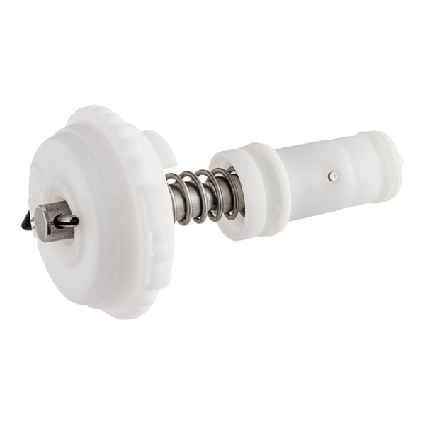A white plastic spigot assembly with a metal nut and spring inside.