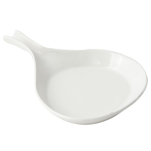 A white Bon Chef cast aluminum serving skillet with open handles.