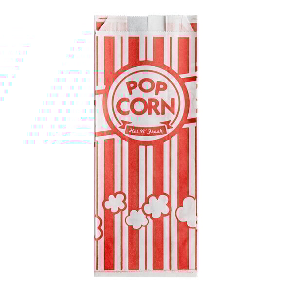 A package of red and white striped Carnival King popcorn bags.