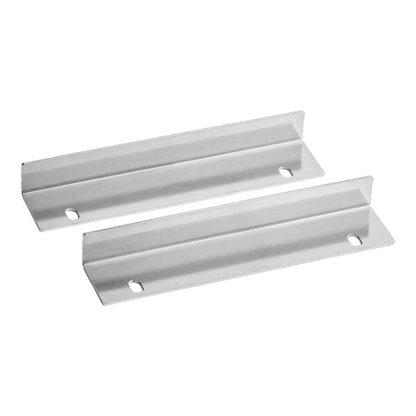 A pair of stainless steel True cutting board brackets.