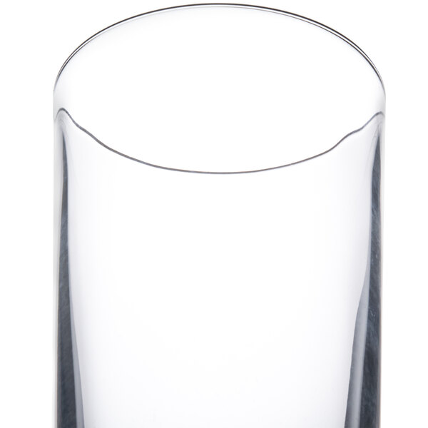 A close up of a clear Spiegelau highball glass.