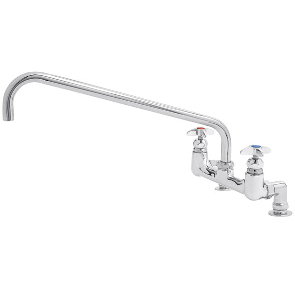 A chrome T&S deck-mounted faucet with two handles.