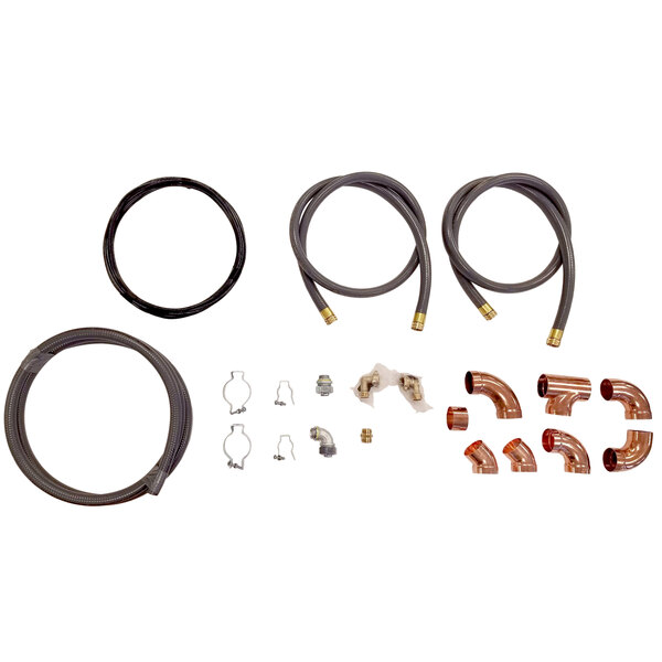A group of pipes and hoses including a grey hose with a black and gold tip.