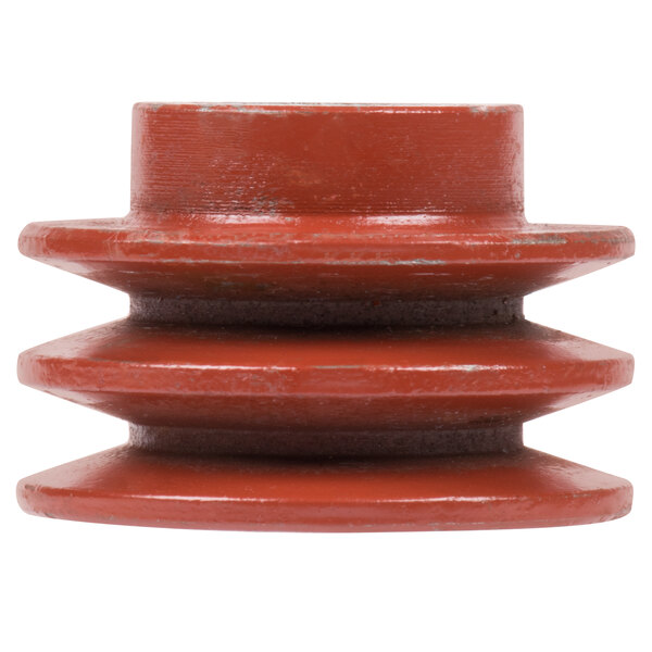 A red Avantco belt wheel with three holes.