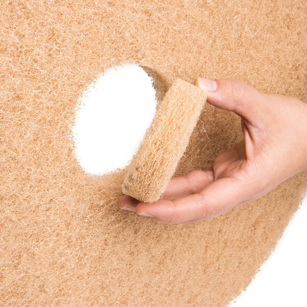 A hand holding a tan circular 3M floor pad with a white center and brown border.