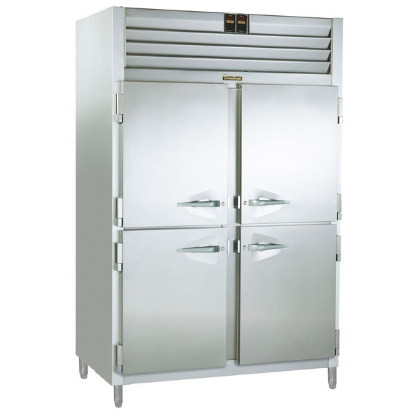 A large stainless steel Traulsen refrigerator / freezer with two doors.