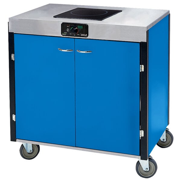 A Lakeside blue mobile cooking cart with an induction burner.