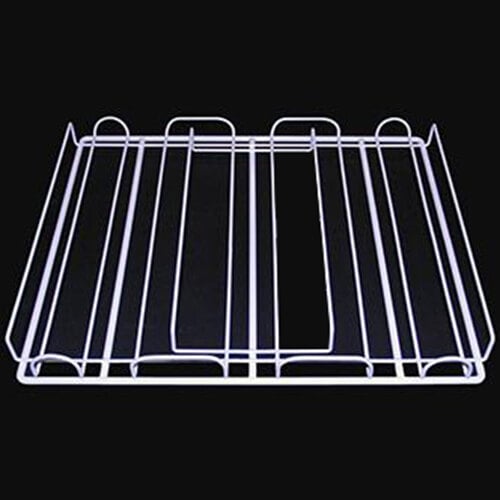 A white wire rack with three rows of metal bars.