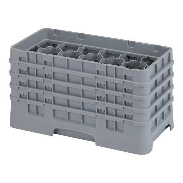 A grey plastic Cambro glass rack with 17 compartments and 4 extenders.