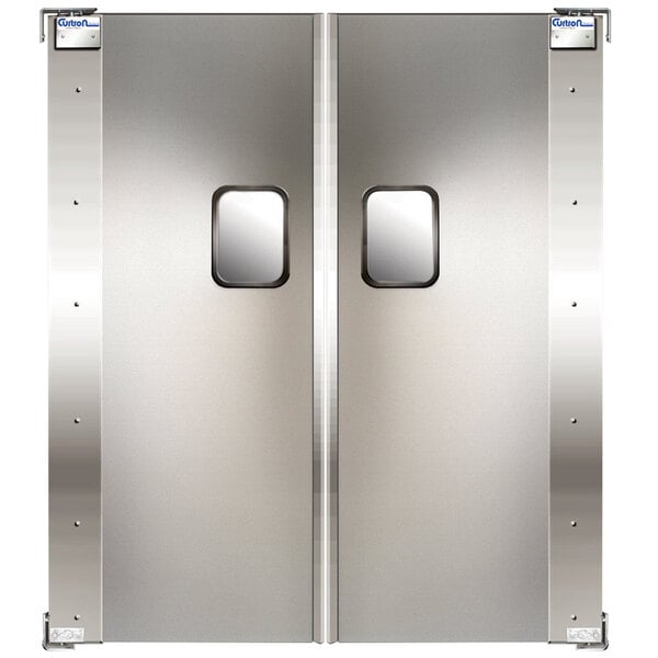 A double aluminum swinging traffic door with two windows.