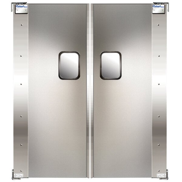 Double Curtron aluminum swinging traffic doors with rectangular windows.