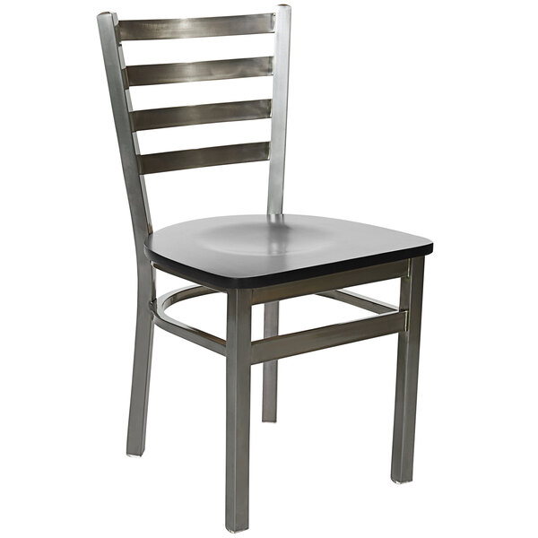 A BFM Seating metal side chair with a black wooden seat.