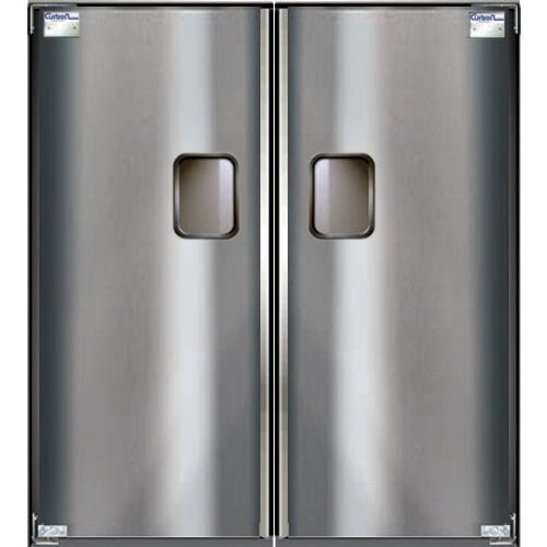 A close-up of a double Curtron aluminum swinging traffic door.