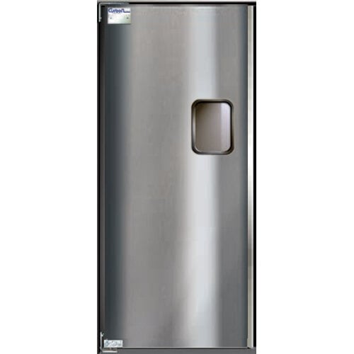 A white rectangular Curtron swinging traffic door with a silver frame.