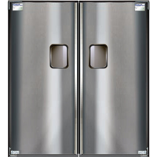 A close-up of a Curtron double aluminum swinging traffic door.
