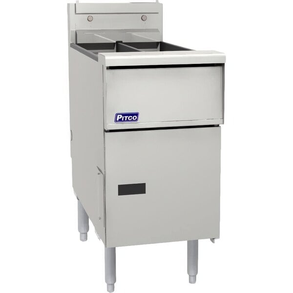 A large stainless steel Pitco commercial gas fryer with two split pots.