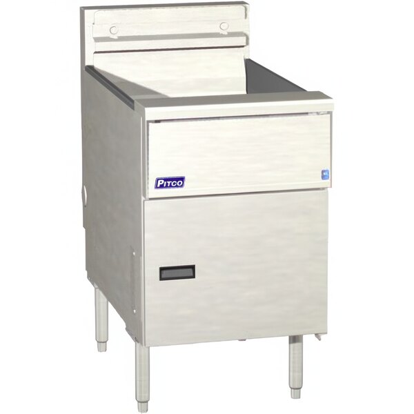 A stainless steel Pitco floor gas fryer with a door.