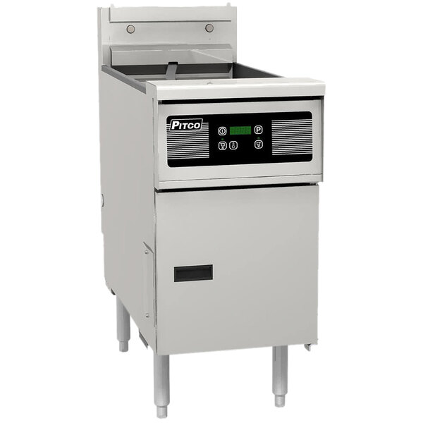 A Pitco liquid propane floor fryer with digital controls on a black panel.