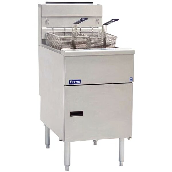 A Pitco natural gas floor fryer with two baskets.