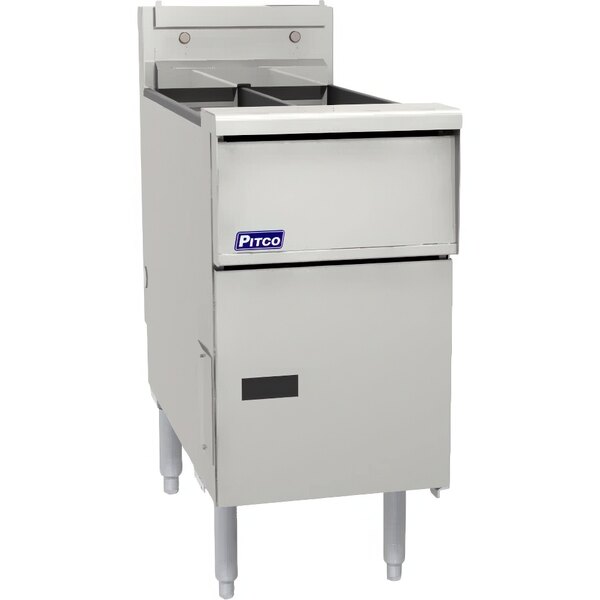 A stainless steel Pitco liquid propane floor fryer with two split pots and a touch screen control panel.