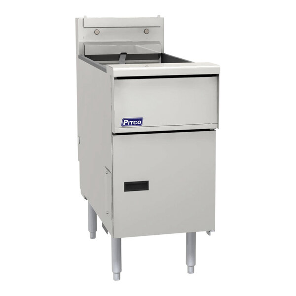 A white rectangular Pitco Solstice electric fryer with a drawer.