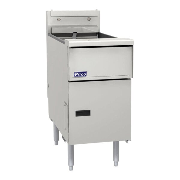 A stainless steel Pitco Solstice electric floor fryer with a drawer.