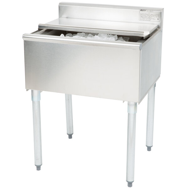 A stainless steel Eagle Group underbar ice chest on a counter.