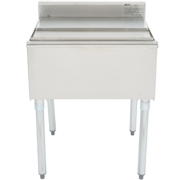 A stainless steel Eagle Group underbar ice chest with legs.