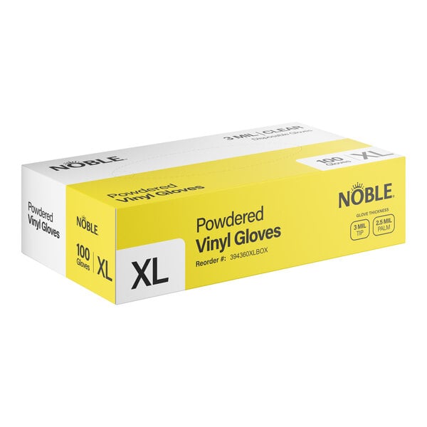 A box of Noble extra-large powdered disposable vinyl gloves for foodservice, containing 100 gloves.