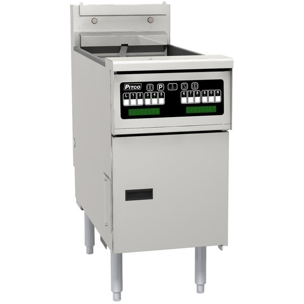 A white Pitco Solstice electric floor fryer with black touchscreen controls.
