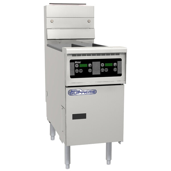 A large white Pitco Solstice electric fryer with a black digital control panel.