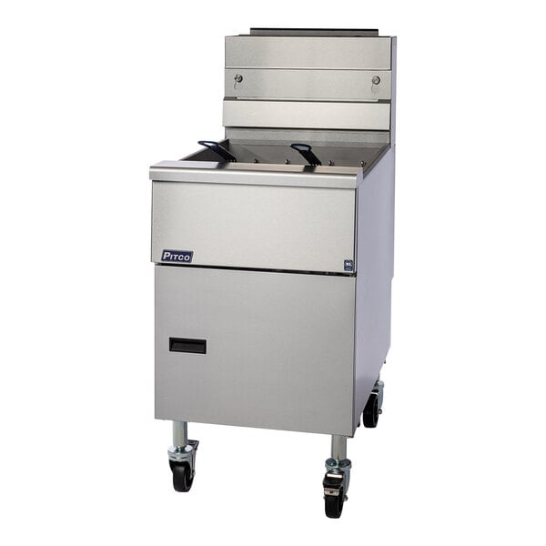 A stainless steel Pitco Solstice electric floor fryer with wheels.