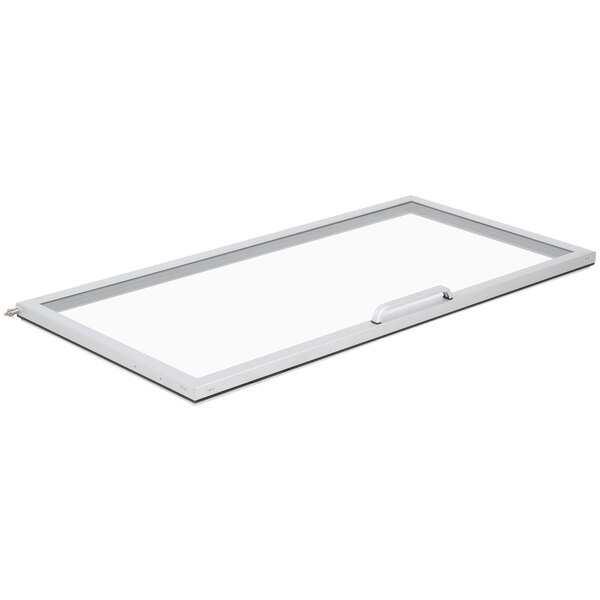 A white rectangular glass door with a handle.