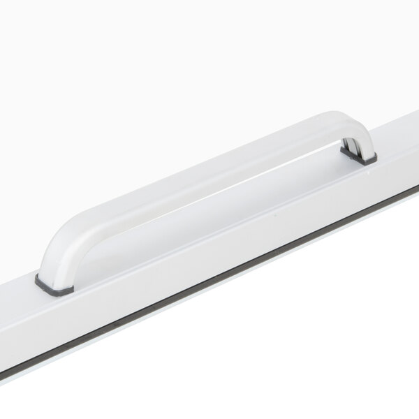 A white rectangular glass door with a white handle and black trim.