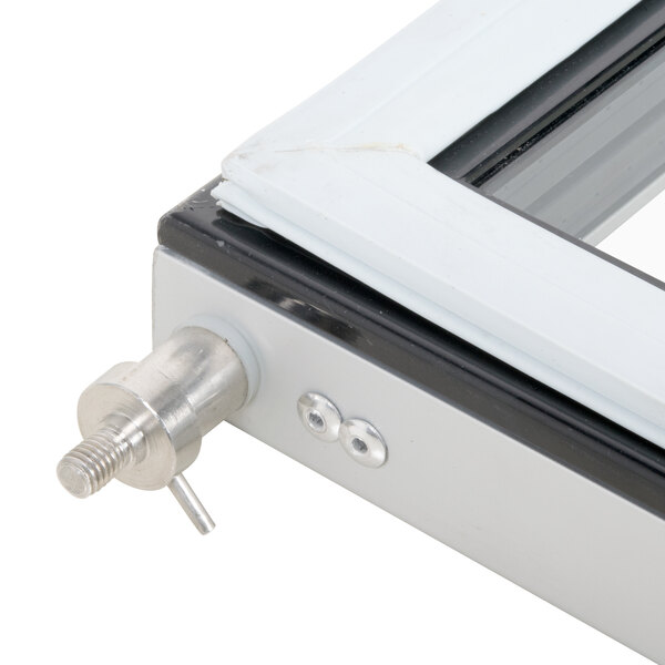 A close-up of a right hinged glass door with a metal handle.