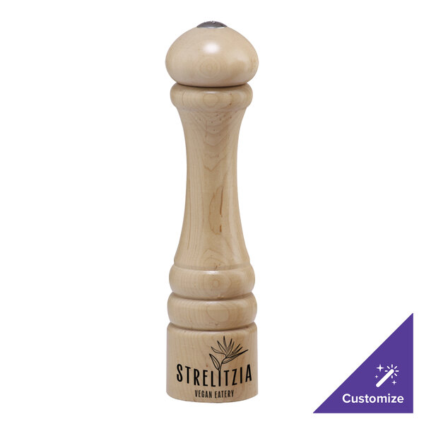 A wooden salt and pepper shaker with a natural wood finish and a logo reading "Chef Specialties" on it.