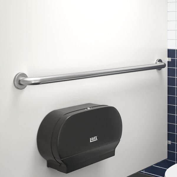 A white bathroom with a black Lavex metal grab bar on the wall.