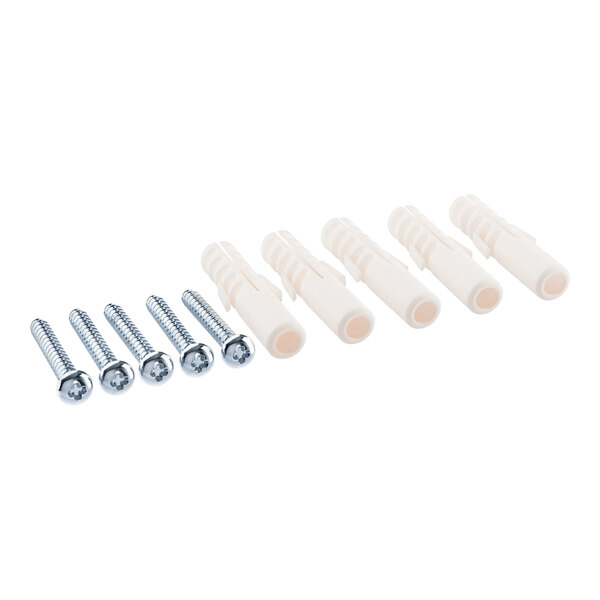 A row of white plastic screws and dowels.