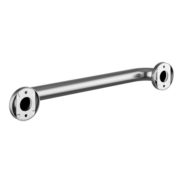 A chrome steel Lavex restroom grab bar with holes in it.
