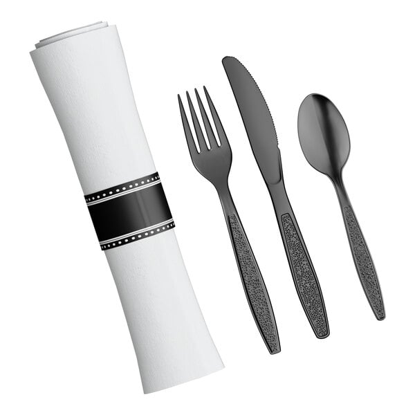 Visions 17" x 17" White Pre-Rolled Linen-Feel Napkin and Black Heavy Weight Plastic Cutlery Set - 100/Case