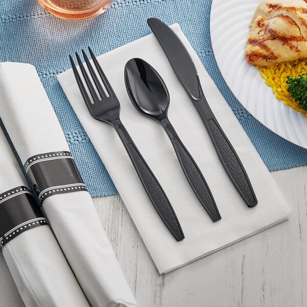 Visions 17" x 17" White Pre-Rolled Linen-Feel Napkin and Black Heavy Weight Plastic Cutlery Set - 100/Case