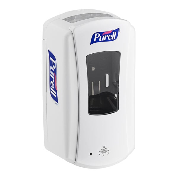 A white plastic Purell hand sanitizer dispenser with a clear window.