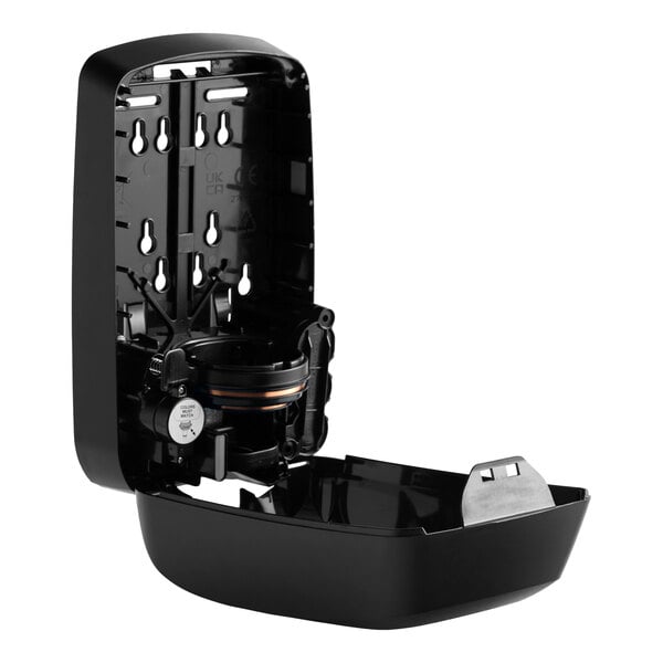 A black touchless hand soap dispenser with its front cover open, designed to hold a 1200 mL refill.