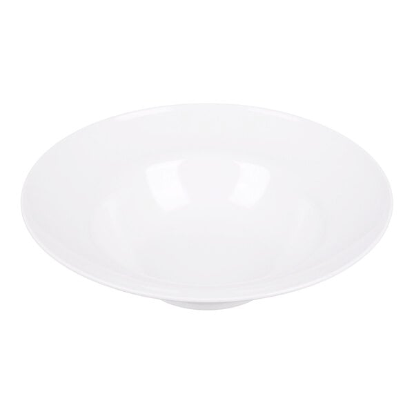 A white, round, shallow serving bowl with a smooth surface and a slightly raised base.