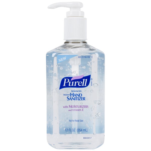 A case of 12 Purell hand sanitizer bottles with pumps.