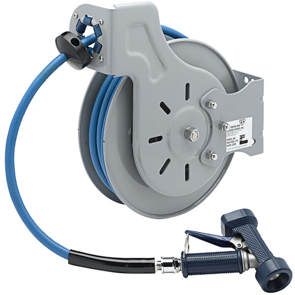 A T&S open hose reel with a hose attached.