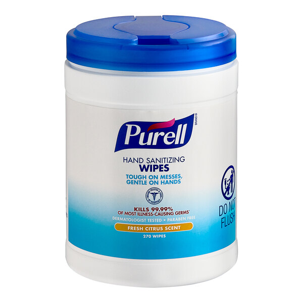 A white Purell container with a blue lid for 270 hand sanitizing wipes.