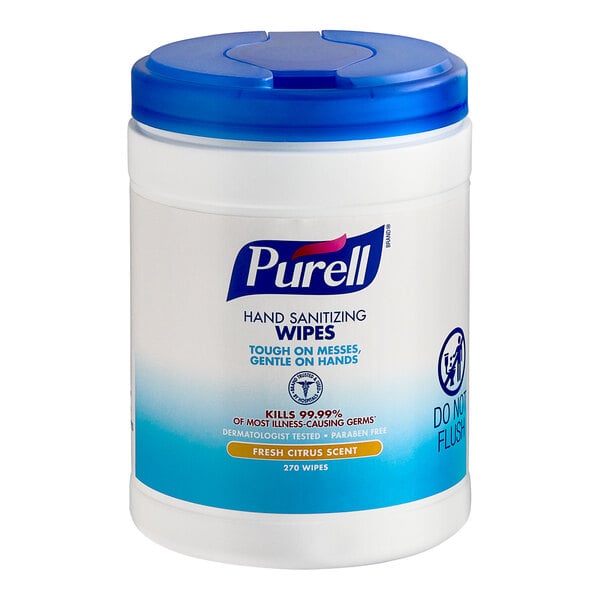 A white and blue Purell container with blue lid for 270 hand sanitizing wipes.