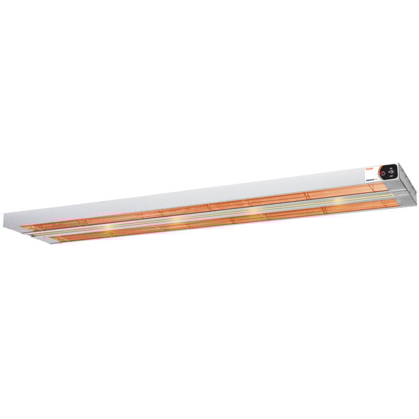 A long rectangular light fixture with two orange light bulbs inside.